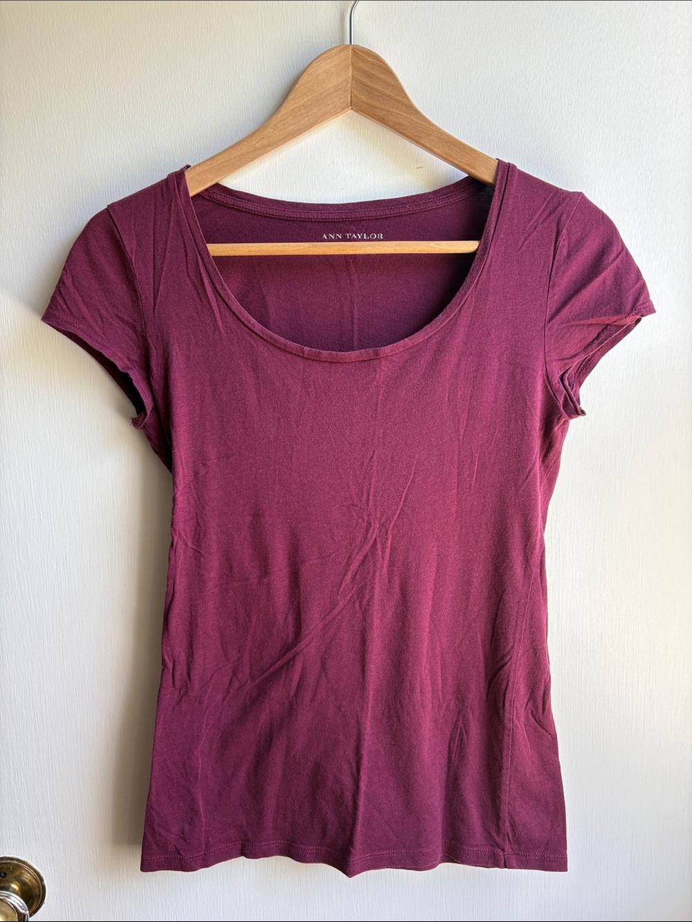 Ann Taylor Short Sleeve Scoop Neck Tee in Maroon Berry